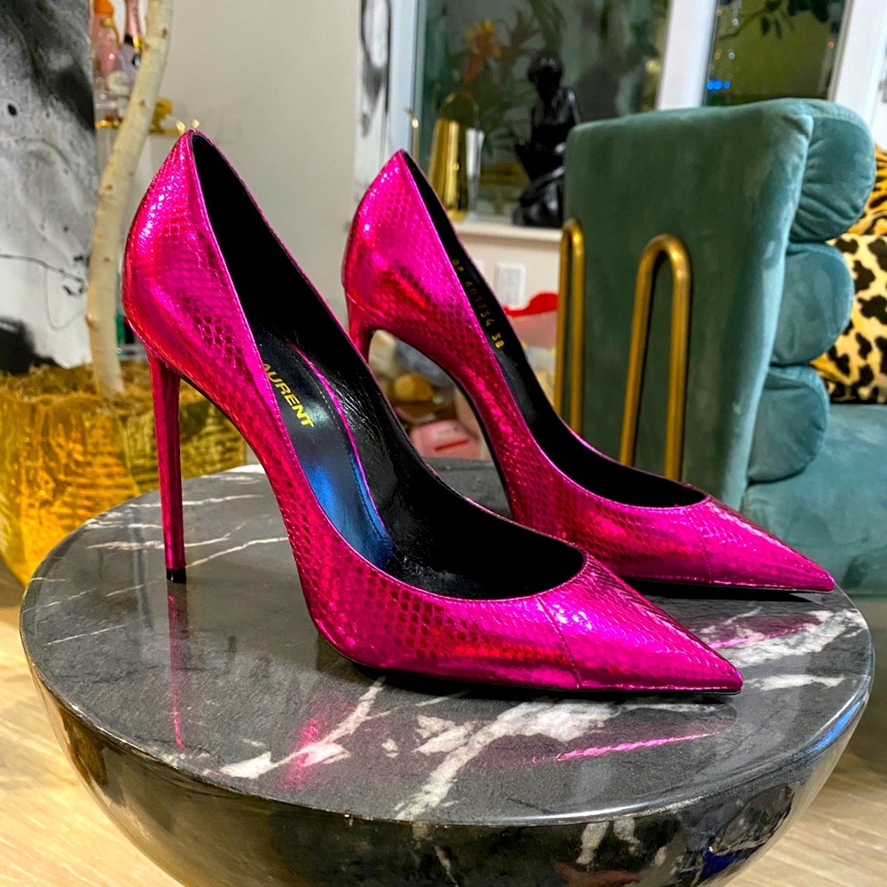 SOLD - YSL Hot Pink Metallic Snakeskin Zoe Pumps